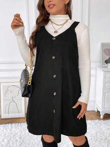 SHEIN Frenchy Plus Button Front Overall Dress Without Sweater - Black - View 4