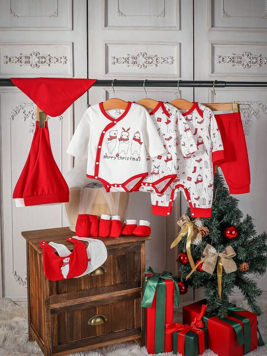 SHEIN 女嬰禮品套裝1入組聖誕圖案撞色滾邊連體衣和2入組圍兜和1雙手套ETC - 彩色 - 查看 1