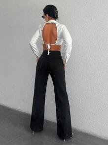 EURMUSE Casual Solid Flare Leg Jeans - Black - View 2