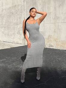 SHEIN SXY Vestido ajustado de canalé de tirantes unicolor - Gris - Ver 4