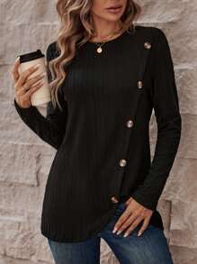 SHEIN LUNE Nút Nghệ Embellished Đường chéo Tách Đan Kết cấu Tay áo dài Thoải mái Của phụ nữ Áo thun - màu đen - Xem 1