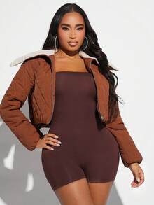 SHEIN SXY 博格领落肩拉链衬垫大衣 - 棕色 - 查看 6