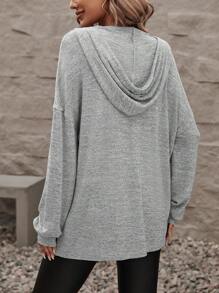 SHEIN LUNE 半鈕扣落肩抽繩連帽衫 - 灰色 - 查看 2