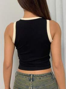 DAZY Letter Print Contrast Binding Crop Tank Top - Black - View 2