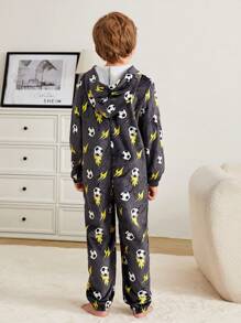 SHEIN Tween Boy Soccer Print Hooded Sleep Jumpsuit - Multicolor - View 6