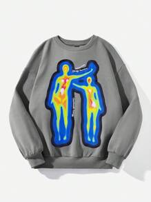 SHEIN EZwear 女士休闲宽松长袖圆领运动衫，带热变色图案，适合秋冬季，长袖上衣 - 深灰色 - 查看 3