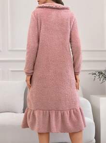Ruffle Hem Flannel Pajama Night Dress Long Dress - Dusty Pink - View 2