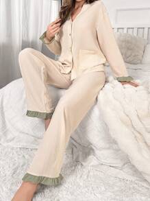 拼接荷葉邊前紐扣睡衣套裝 - 杏色 - 查看 6