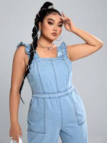 SHEIN LUNE Plus Tie Shoulder Slant Pocket Denim Overalls - Blue - View 4