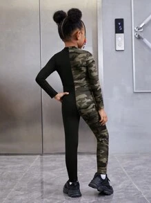 SHEIN 女小童迷彩印花小高領彈力緊身連體褲 - 彩色 - 查看 2