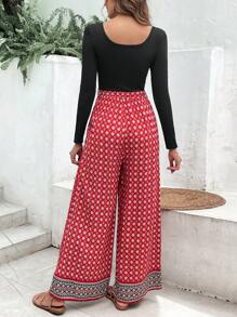 SHEIN VCAY Geo Print Belted Wide Leg Pants - Multicolor - View 2