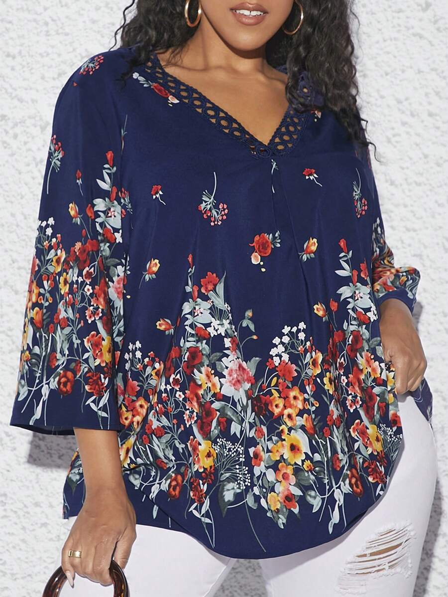 SHEIN CURVE+ Plus Floral Print Guipure Lace Trim Blouse - Multicolor - View 1