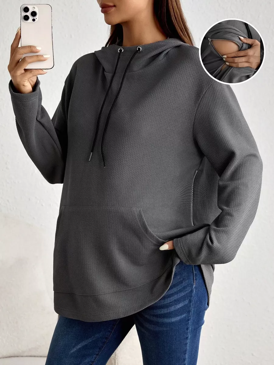 SHEIN Nursing Kangaroo Pocket Drop Shoulder Drawstring Hoodie - Grey - View 1