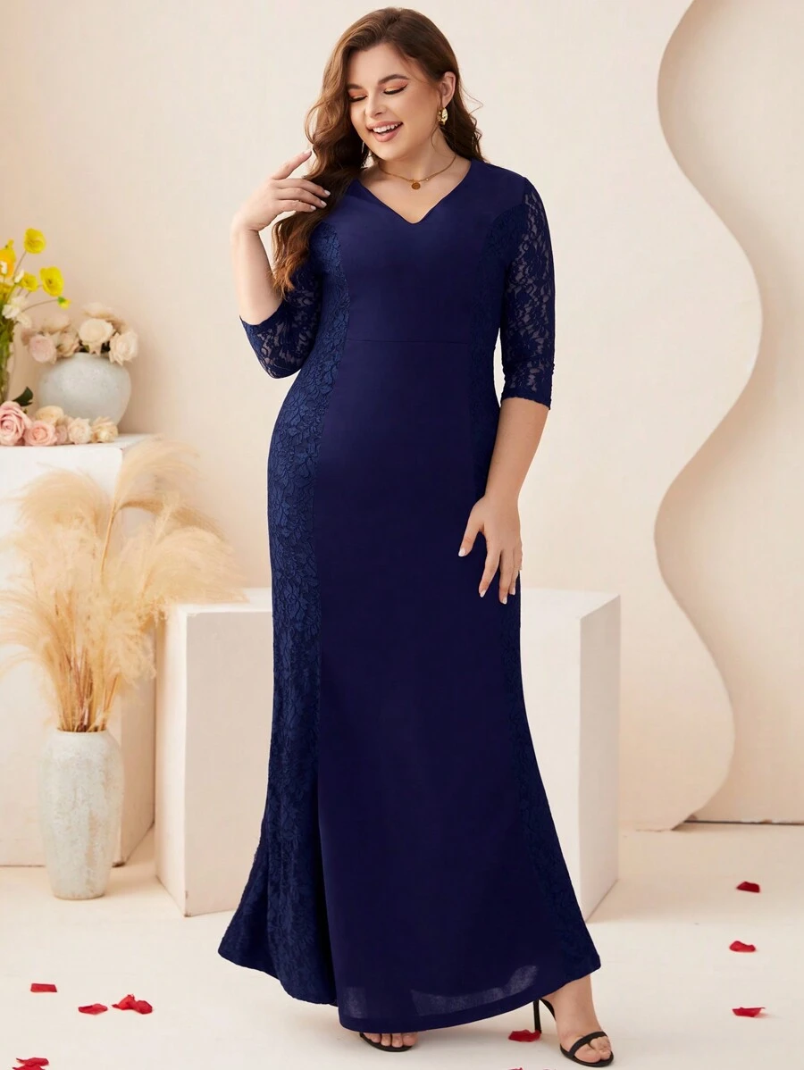 大碼蕾絲拼接長連衣裙 - 藏蓝色 - 查看 1