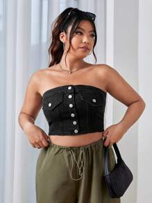 SHEIN EZwear Plus Button Front Tube Denim Top - Black - View 1