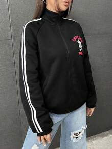 SHEIN EZwear Letter Graphic Contrast Tape Raglan Sleeve Zip Up Sweatshirt - Black - View 6