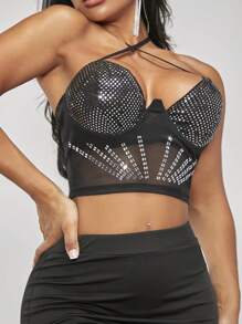 SHEIN SXY 女士透明網紗閃爍吊帶上衣,配有亮片細節 - 黑色 - 查看 6