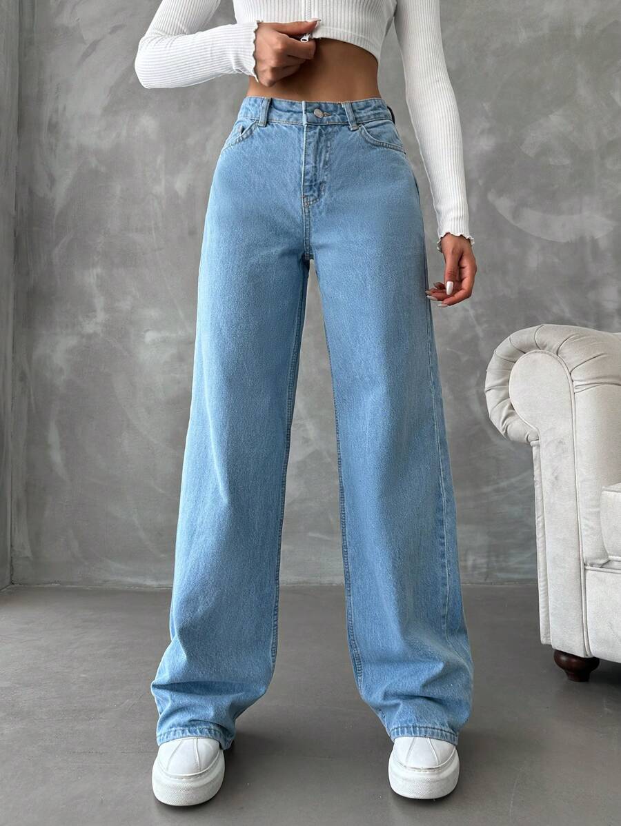 RueChic High Waist Wide Leg Jeans - Light Wash - View 1