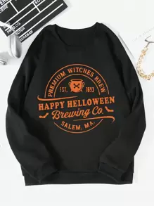 SHEIN EZwear 大碼標語圖案加絨內裏運動衫 - 黑色 - 查看 1