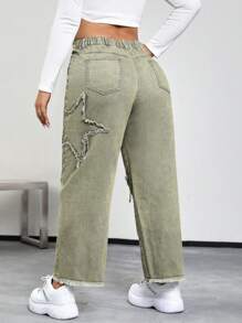 SHEIN EZwear 大碼星星補丁貼毛邊緣直筒牛仔褲 - 藍色 - 查看 2