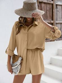 SHEIN Unity 纯色落肩亚麻衬衫和短裤 亚麻面料套装 返校服装 秋季女装 复古风格教师服装 商务女装 教师衬衫 - 卡其色 - 查看 5