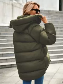 EURMUSE Zip Up Hooded Puffer Coat - Dark Green - View 2