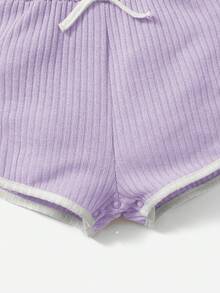 SHEIN 女嬰字母圖案撞色滾邊前蝴蝶結連身短褲 - 紫色 - 查看 4