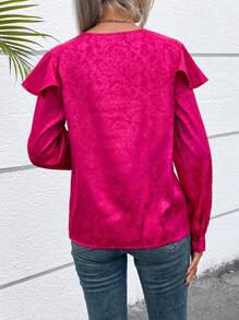 SHEIN Clasi Floral Jacquard Ruffle Trim Surplice Neck Blouse - Hot Pink - View 2