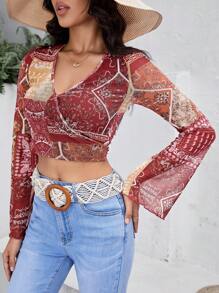 SHEIN VCAY In hoa văn khăn tay áo lá sen Top Cây trồng - Nhiều màu - Xem 5