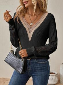 SHEIN Clasi Guipure Lace Panel Drop Shoulder Sweater - Black - View 5
