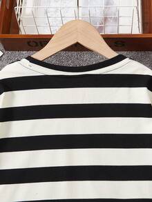 青少年女孩條紋印花落肩T恤 - 黑與白 - 查看 7