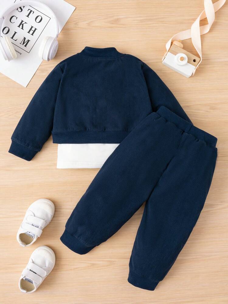 Baby Boy Letter Graphic Tee & Pants & Embroidery Corduroy Jacket