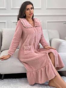 Ruffle Hem Flannel Pajama Night Dress Long Dress - Dusty Pink - View 1