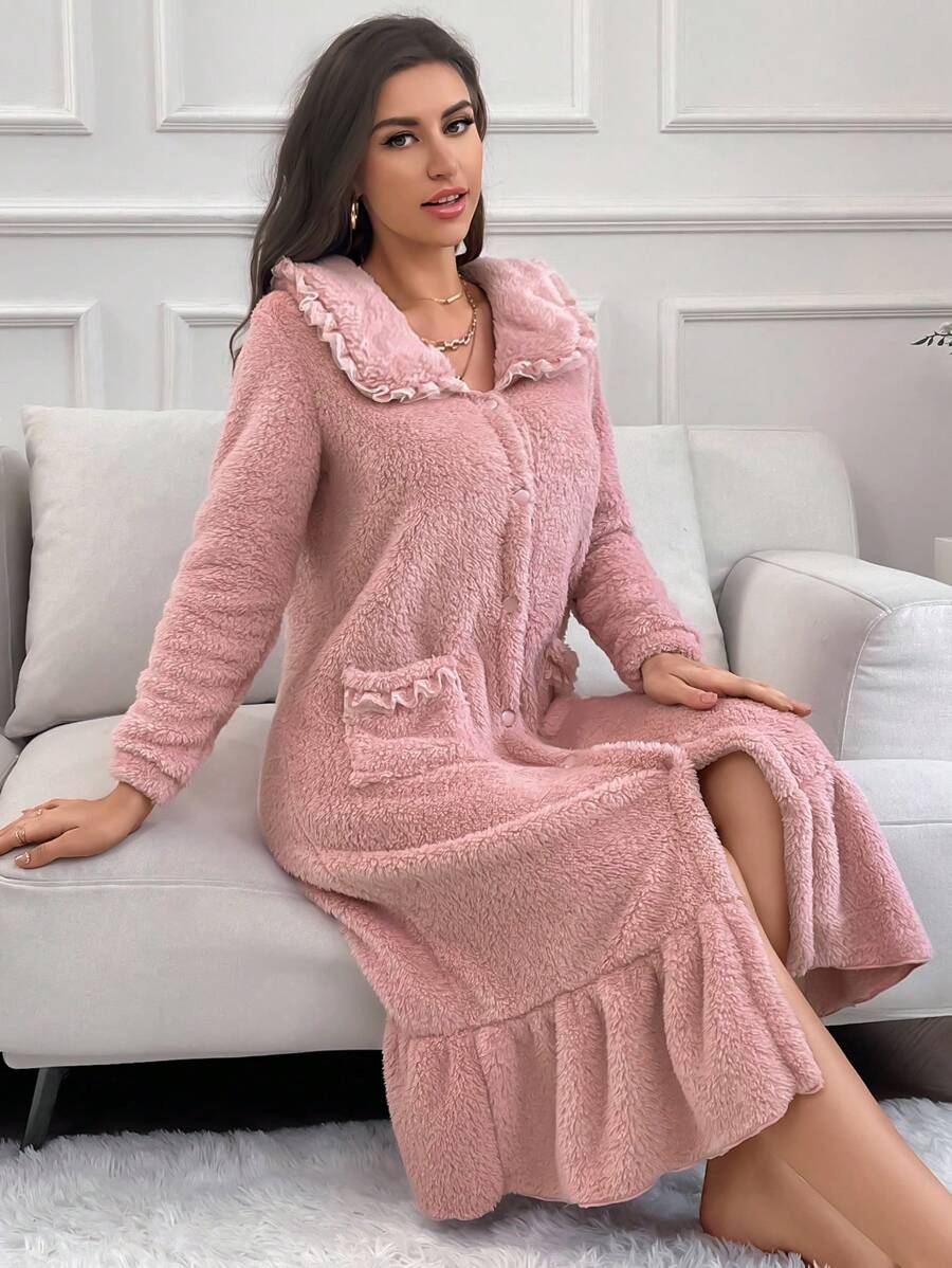 Ruffle Hem Flannel Pajama Night Dress Long Dress - Dusty Pink - View 1