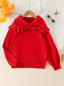 SHEIN Tween Girl Pearls Beaded Ruffle Trim Bow Front Raglan Sleeve Sweater - Red - View 1
