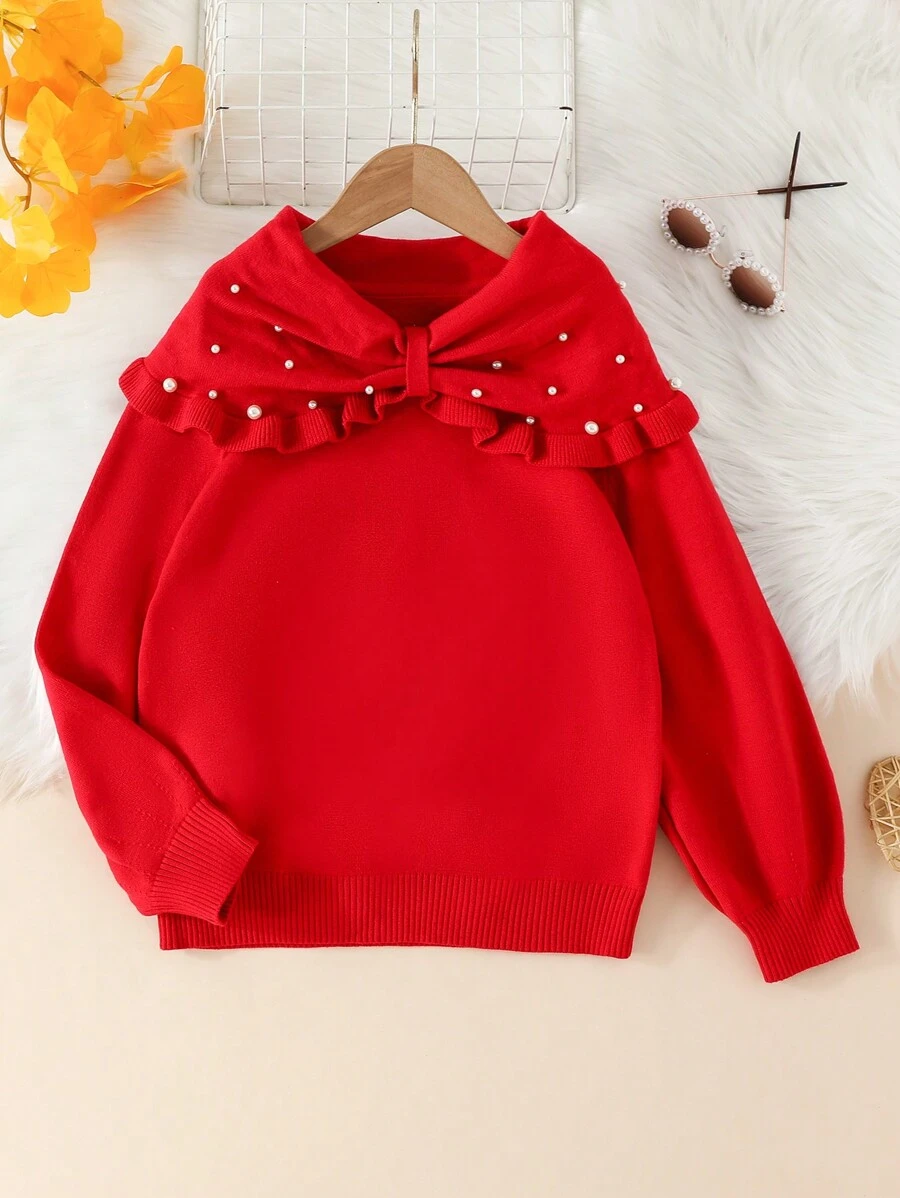 SHEIN Tween Girl Pearls Beaded Ruffle Trim Bow Front Raglan Sleeve Sweater - Red - View 1