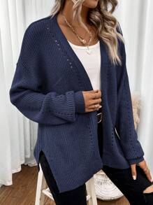 SHEIN LUNE Áo khoác cardigan thiết kế giản dị thả vai - Xanh đậm - Xem 5