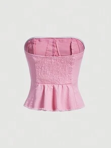 SHEIN MOD 素色後拉鏈抹胸牛仔上衣 - 淺粉色 - 查看 2