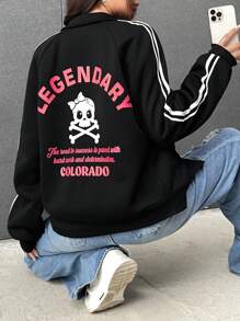 SHEIN EZwear Letter Graphic Contrast Tape Raglan Sleeve Zip Up Sweatshirt - Black - View 2