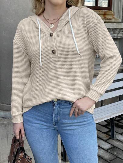 Calvaya Plus Half Button Drop Shoulder Drawstring Hoodie Graduation,Back To School Outfits,Graduation,Teacher Outfits For Women,Back To School Pullover Fall Outfit Winter Autumn