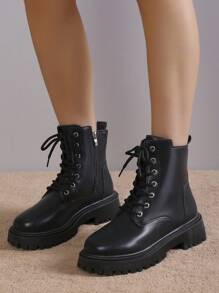 女式時尚大碼厚底繫帶摩托車靴新款韓版舒適軟底中筒靴 - 黑色 - 查看 2