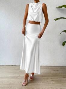 Chiquease Solid Crop Tank Top & Mermaid Hem Skirt - White - View 4