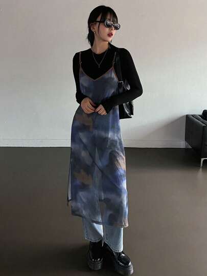 DAZY Tie Dye Split Hem Cami Dress Without Tee Sheer,Casual Women Dresses