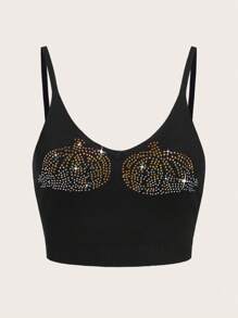 SHEIN EZwear Halloween Rhinestone Detail Crop Cami Knit Top - Black - View 1
