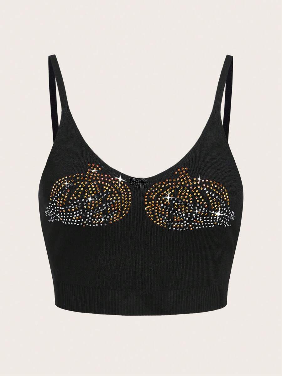 SHEIN EZwear Halloween Rhinestone Detail Crop Cami Knit Top - Black - View 1