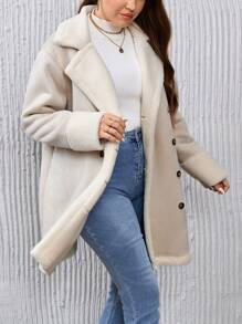 SHEIN Essnce Große Größen Doppelreihiger Teddyfutter Mantel, für den Winter - Beige - Übersicht 5