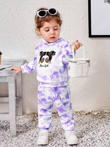 SHEIN Bebé niña Pantalones deportivos con capucha de tie dye con estampado de dibujos animados