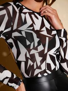 SHEIN Tall Top con estampado ajustado de malla - Blanco y Negro - Ver 4