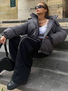 DAZY 拉链抽绳连帽厚口袋外套，女士冬季外套夹克 - 深灰色 - 查看 4