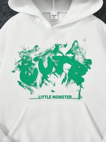 SHEIN Sudadera con bolsillo canguro y diseño de oreja 3D con gráfico de letras para niña preadolescente - Blanco - Ver 5